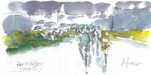 Cycling art, Tour de France, watercolour pen and ink painting, Poor visibility, by Maxine Dodd