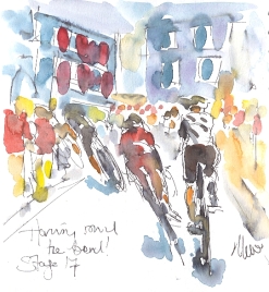 Cycling art, Tour de France, watercolour pen and ink painting. SOLD - Haring round the bend! by Maxine Dodd