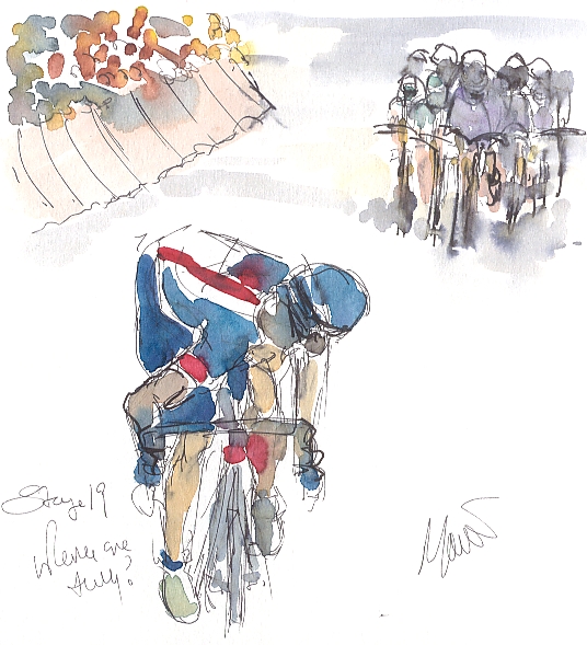 Cycling art, Tour de France, watercolour pen and ink painting, SOLD - Where are they? by Maxine Dodd, SOLD