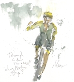 Cycling art, Tour de France, watercolour pen and ink painting, Triumph in the rain and mud, Lars Boom by Maxine Dodd