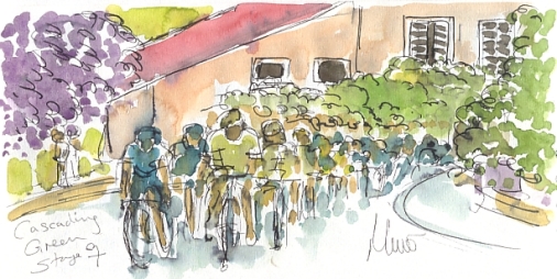 Cycling art, Tour de france, Cascading green, Maxine Dodd, watercolour, pen and ink