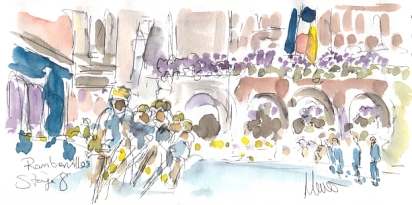 Cycling art, Tour de France, watercolour pen and ink painting, Ramberville by Maxine Dodd