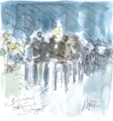 Cycling art, Tour de France, watercolour pen and ink painting, Driving rain by Maxine Dodd