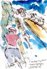 Cycling art, Tour de France, Watercolour painting Careering down Les Gorges du Tarn, Stage 14 by Maxine Dodd