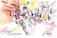 Cycling art, Tour de France, Watercolour painting Pink houses, Stage 15 by Maxine Dodd