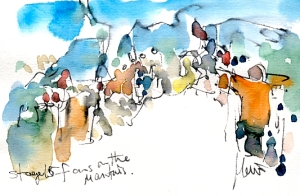 Cycling art, Tour de France, Watercolour painting Fans on the mountains, Stage 15 by Maxine Dodd