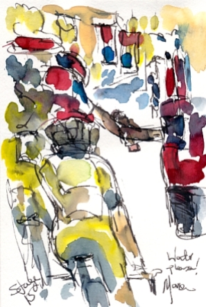 Cycling art, Tour de France, Watercolour painting Water please! Stage 15 by Maxine Dodd