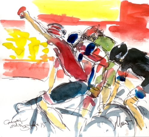 Cycling art, Tour de France, Watercolour painting Greipel wins! Stage 15 by Maxine Dodd