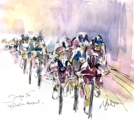 Cycling art, Tour de France, Watercolour painting Katusha descend, Stage 15 by Maxine Dodd