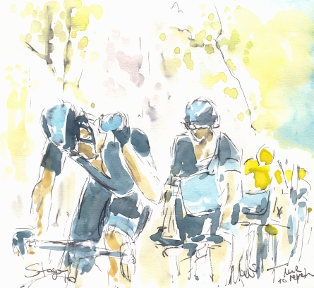 Cycling art, Tour de France, Watercolour painting Time to refresh, Stage 16, by Maxine Dodd
