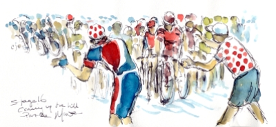 Cycling art, Tour de France, Watercolour painting Coming up the hill, part one, Stage 16, by Maxine Dodd