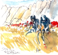 Cycling art, Tour de France, Watercolour painting Riding past mountains and wheat, Stage 16, by Maxine Dodd