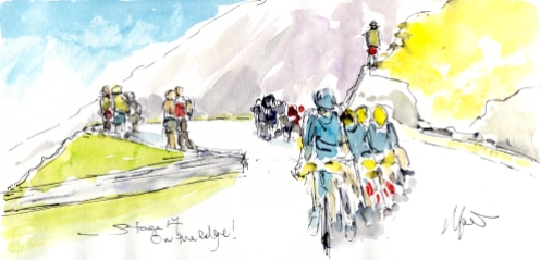 Cycling art, Tour de France, Watercolour painting On the edge! Stage 17, by Maxine Dodd