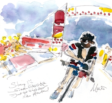 Cycling art, Tour de France, Watercolour painting Simon Geschke, just got to get down the mountain! Stage 17, by Maxine Dodd