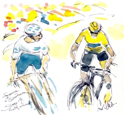 Cycling art, Tour de France, Watercolour painting Froome and Quintana, going all out, Stage 17, by Maxine Dodd