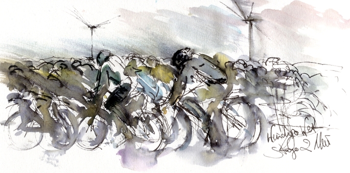 Cycling art, Tour de France, Watercolour painting Wet and windy! by Maxine Dodd