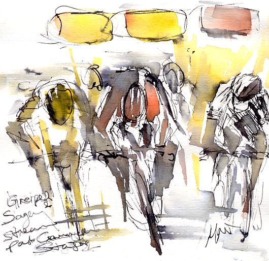 Cycling art, Tour de France, Watercolour painting Greipel, Sagan stream past Cavendish by Maxine Dodd