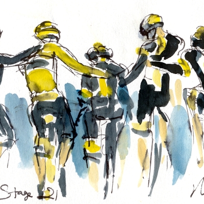 Cycling art, Tour de France, Watercolour painting Team Sky riding to victory, Stage 21 by Maxine Dodd