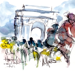 Cycling art, Tour de France, Watercolour painting Haring round the Arc, Stage 21 by Maxine Dodd