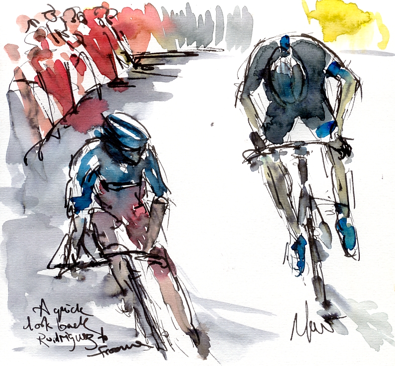 Cycling art, Tour de France, Watercolour painting A quick look back, Rodriguez and Froome by Maxine Dodd, RESERVED