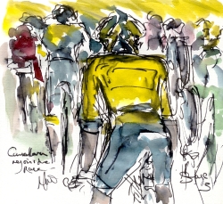 Cycling art, Tour de France, Watercolour painting Cancellara rejoins the race, by Maxine Dodd