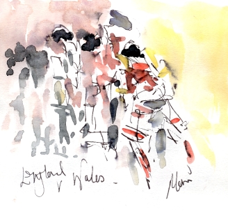 Rugby Art England vs Wales, by Maxine Dodd watercolour, pen and ink