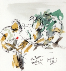 Rugby art, Six Nations: Mike Brown breaks for the try, England v Ireland by Maxine Dodd, watercolour, pen and ink