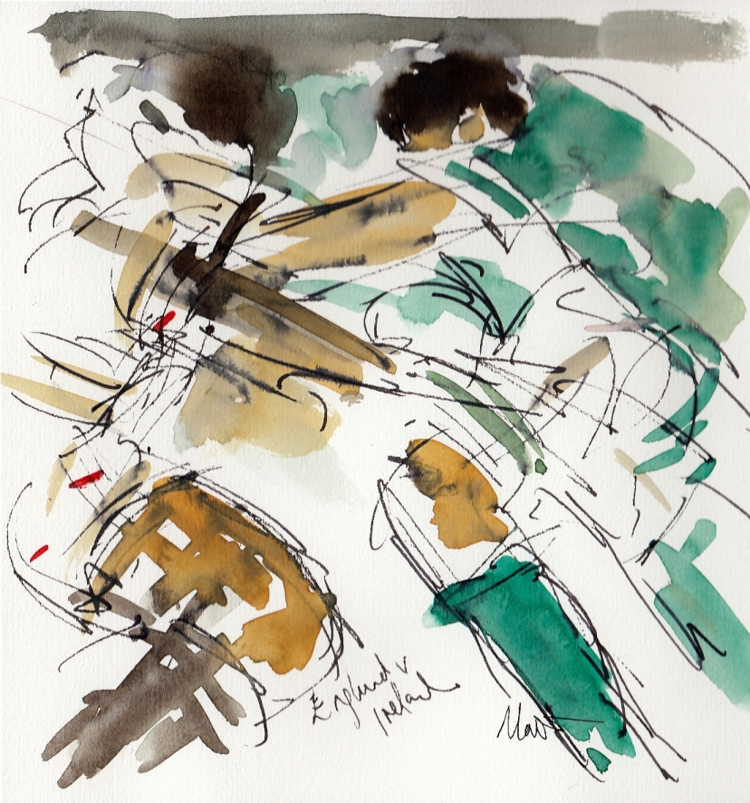 Rugby art, Six Nations: England v Ireland by Maxiine Dodd, watercolour, pen and ink