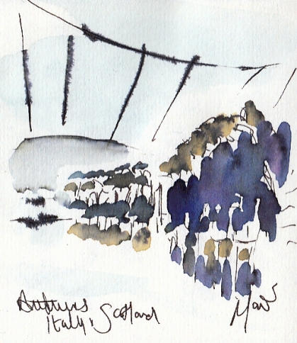 Rugby art, Six Nations: Anthems, Italy v Scotland by Maxiine Dodd, watercolour, pen and ink