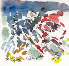 Rugby art, Six Nations: Opening moves, Wales v France by Maxiine Dodd, watercolour, pen and ink