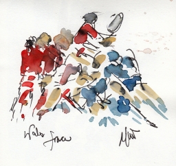Rugby art, Six Nations: Wales v France by Maxiine Dodd, watercolour, pen and ink