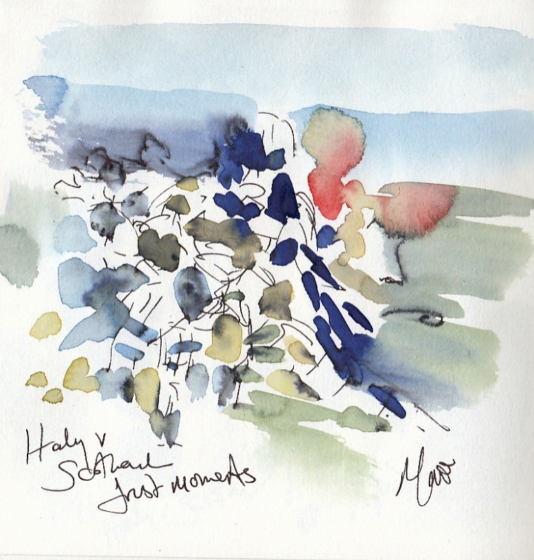 Rugby art, Six Nations: First moments, Italy v Scotland by Maxiine Dodd, watercolour, pen and ink
