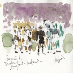 Rugby art, Six Nations: Preparing to scrum! England v Ireland by Maxiine Dodd, watercolour, pen and ink