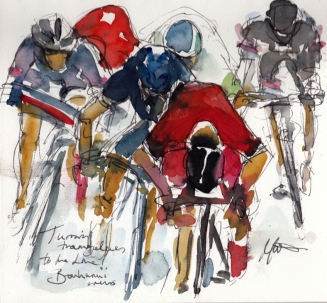 Cycling art, Throwing themselves to the line, Bouhanni wins!by Maxine Dodd, watercolour, pen and ink