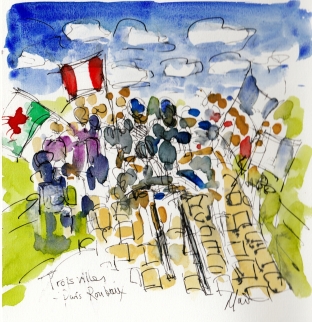 Trois villes, Paris-Roubaix, by Maxine Dodd, watercolour, pen and ink