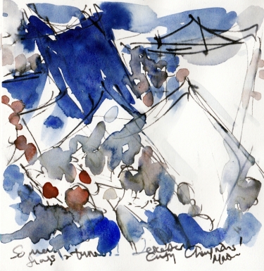 So many flags and banners! Watercolour, pen and ink, by Maxine Dodd