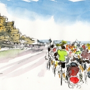 Cycling Art, Tour de France, Stage 1: Départ, by Maxine Dodd, watercolour pen and ink