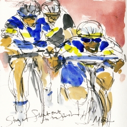 Tour de France, cycling art,Flat out to the finish! by Maxine Dodd, watercolour, pen and ink