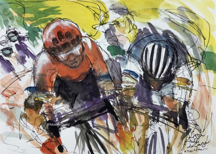 Lizzie takes the win! La Course 2020, watercolour, pen and ink by Maxine Dodd