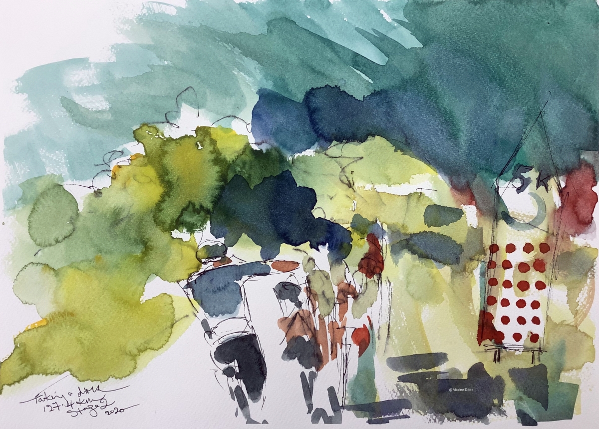 Taking a drink - watercolour, pen and ink image from Stage 2 of Tour de France by Maxine Dodd