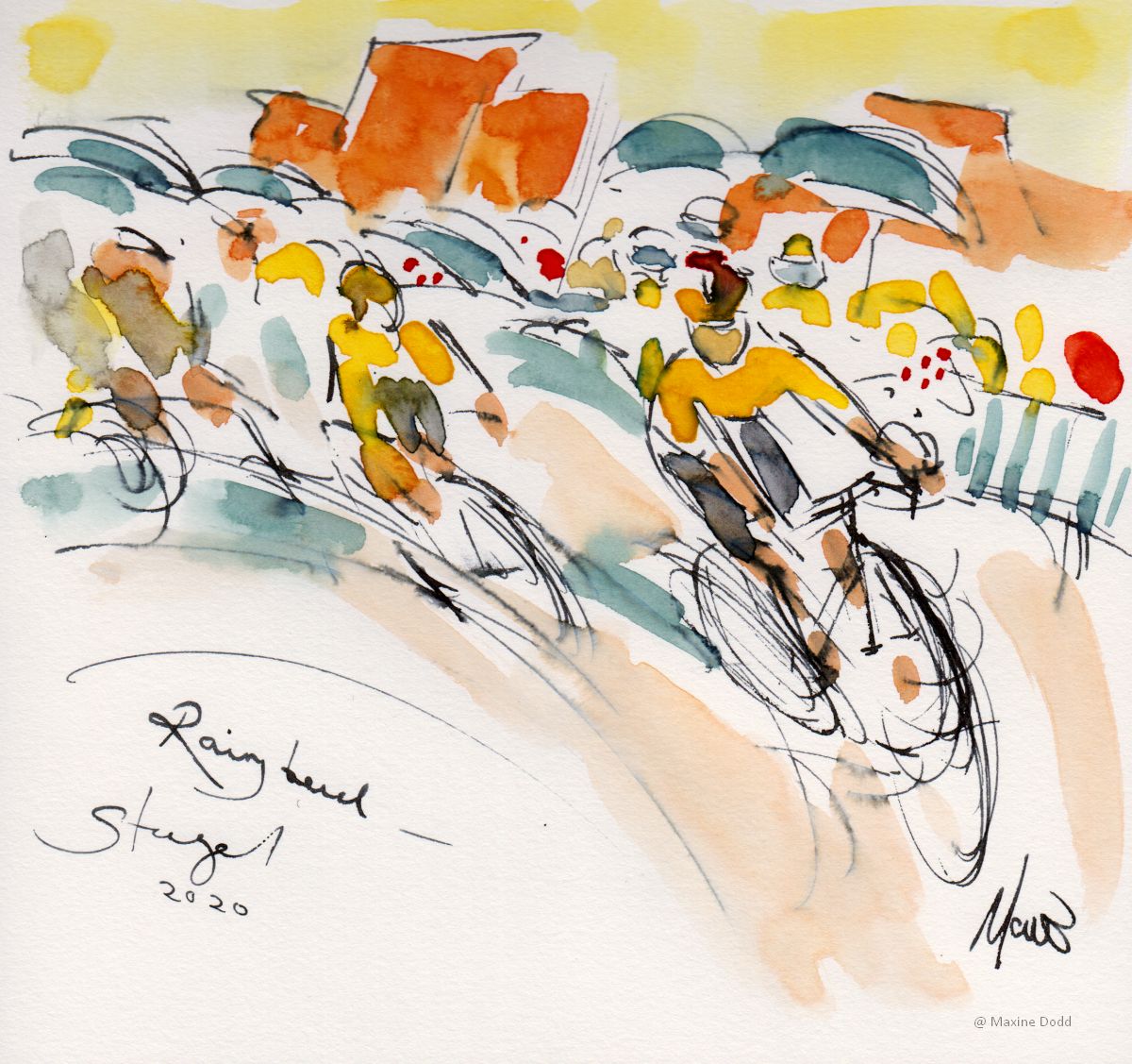 Jumbo-Visma team from Stage 1 TDF2020 on a rainy bend - watercolour pen and ink by Maxine Dodd