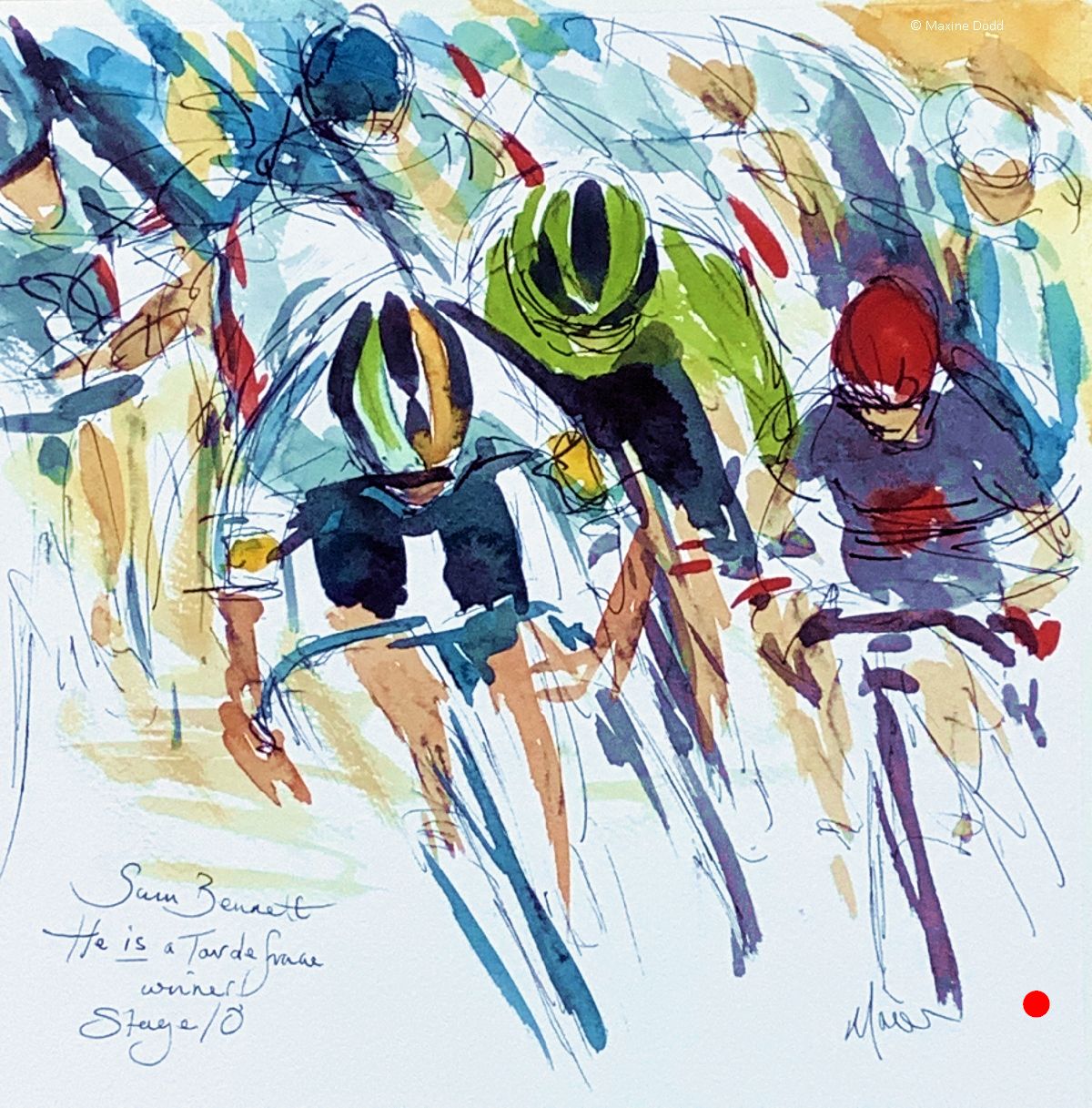 SOLD - Sam Bennett IS a Tour de France stage winner! Watercolour, pen and ink by Maxine Dodd