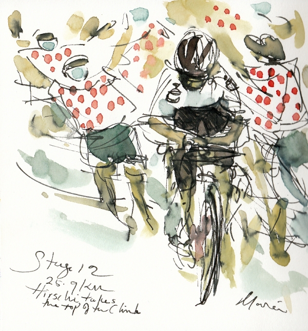 Hirschi takes the top of the climb, watercolour, pen and ink by Maxine Dodd