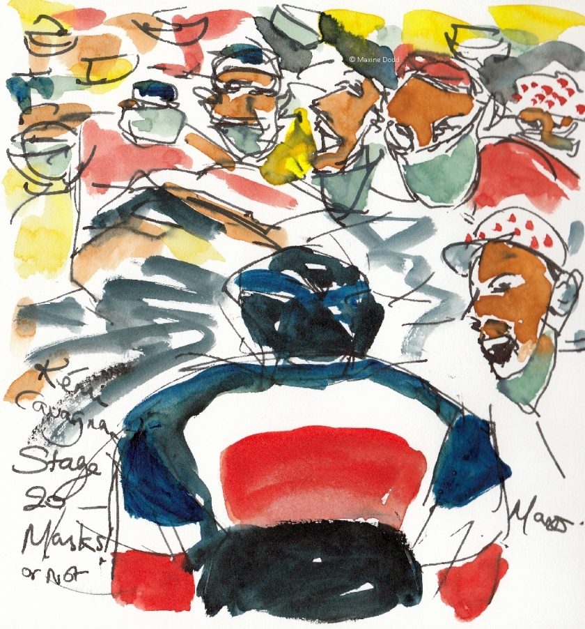 Masks - or not! Watercolour, pen and ink, by Maxine Dodd
