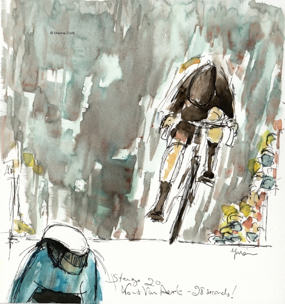 Wout Van Aert - 28 seconds, watercolour, pen and ink by Maxine Dodd
