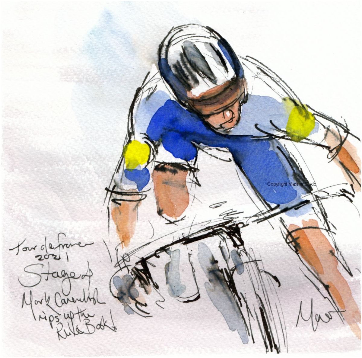 Tour de France 2021 - Stage 4 - Mark Cavendish rips up the Rule Book! original watercolour painting Maxine Dodd - SOLD