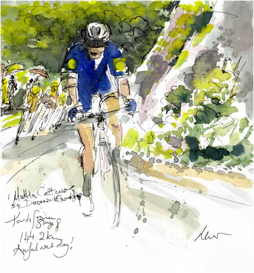 Tour de France 2021 - Stage 8, Awful, wet day! Original watercolour painting Maxine Dodd