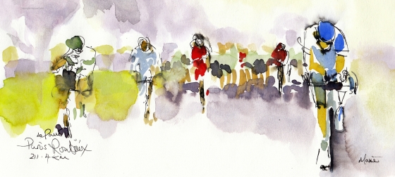 Racing Lines Lookback: Paris Roubaix 211.4km, original watercolour by Maxine Dodd